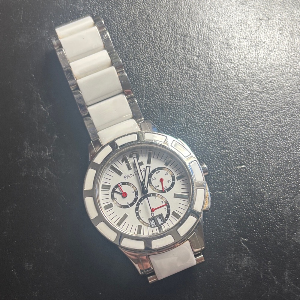 Pandora White Ceramic Chronograph Watch Silver Stainless Women’s